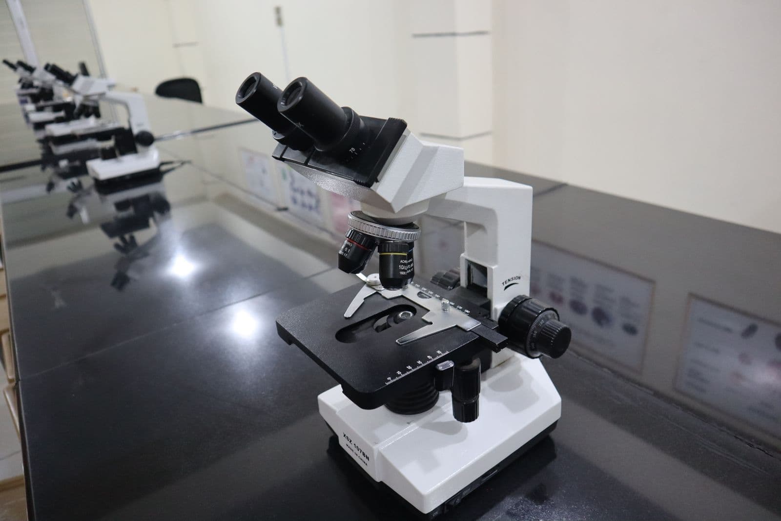 A microscope set up on a laboratory bench