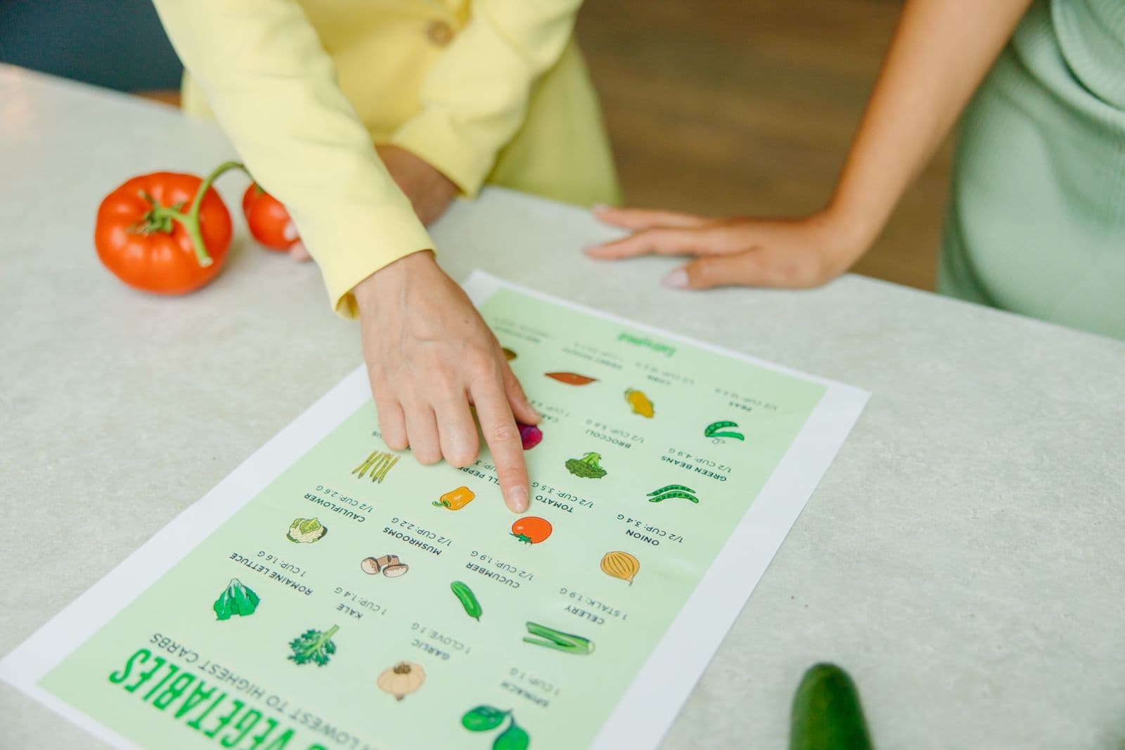 Hands pointing to a nutrition chart beside fresh vegetables